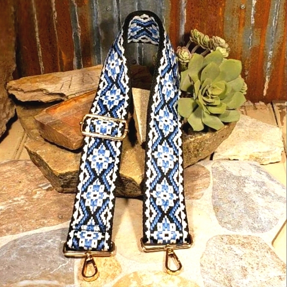 Handbag Strap Geometric Blue and Black Adjustable Guitar Bag Strap NWOT - Picture 2 of 5